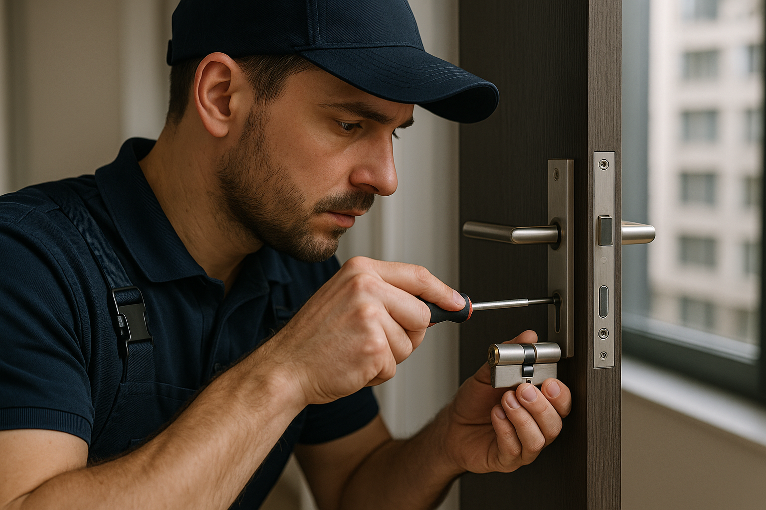 Serrurier remplaçant le cylindre d’une serrure après perte de clés